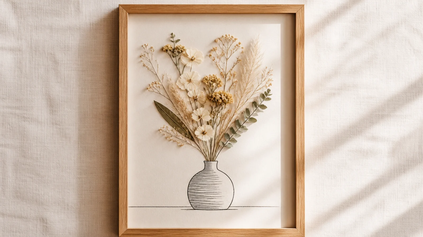 A frame with a simple ink-drawn vase and real pressed flowers arranged to look as if they rise from it.
