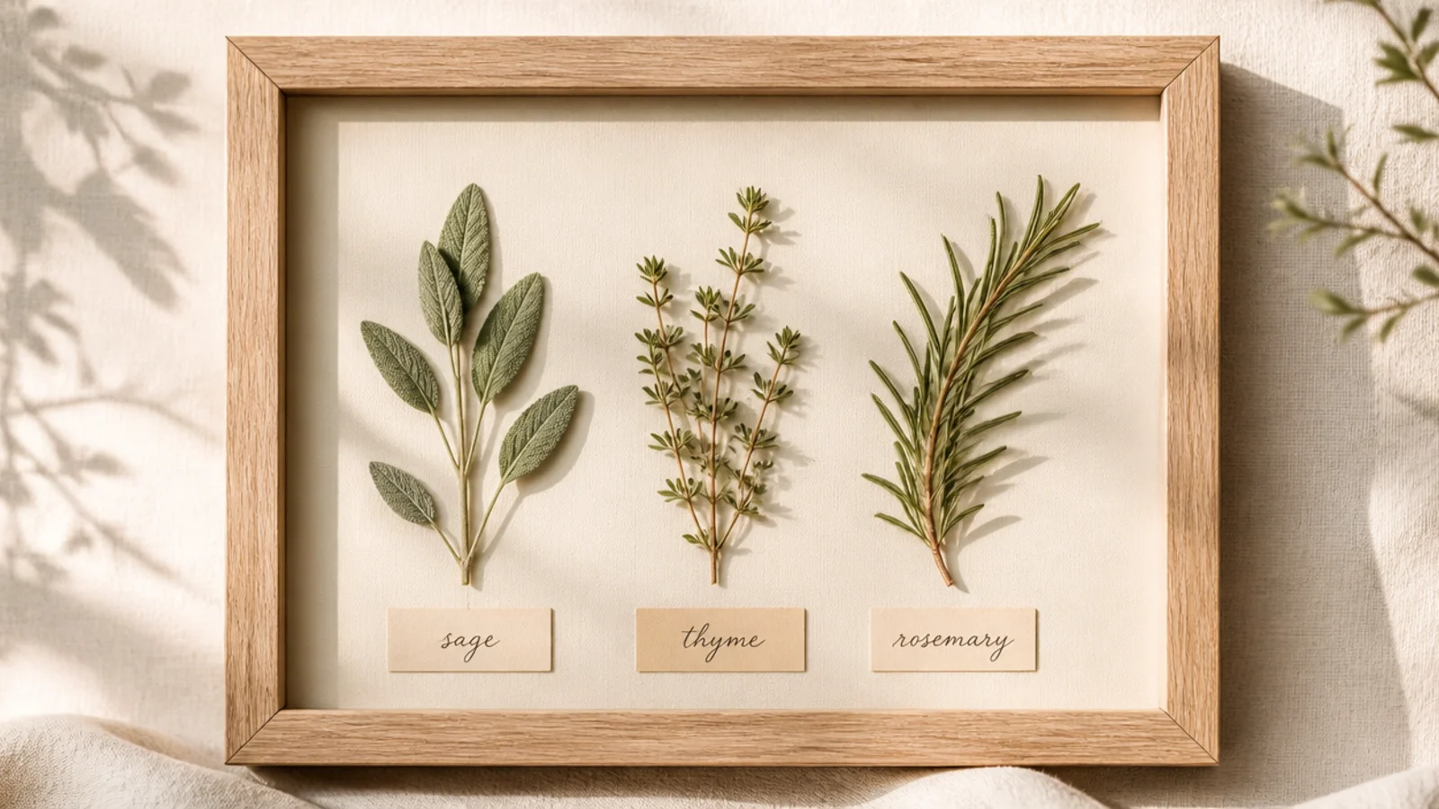 A frame with pressed culinary herbs - sage, thyme, and rosemary sprigs - labeled with small name tags on cream backing.