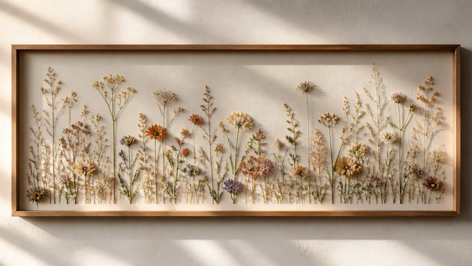 A wide panoramic frame with pressed wildflowers and grasses arranged as a low field stretching across the width.