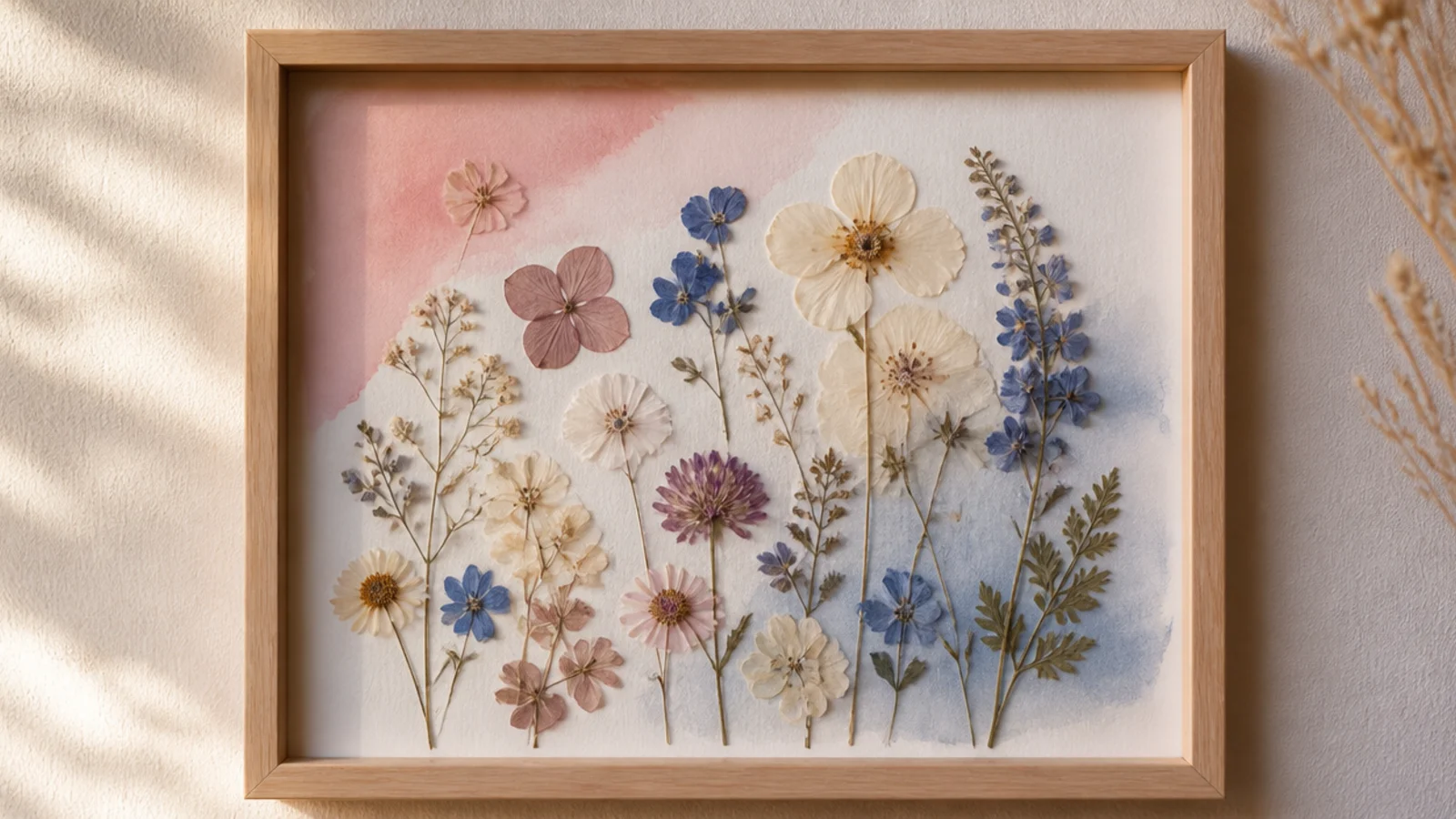A frame with pressed flowers mounted over a soft blush-and-blue watercolor wash background on paper.