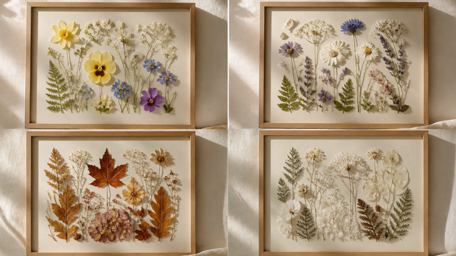 Four matching frames in a grid, each holding pressed flowers representing spring, summer, autumn, and winter.