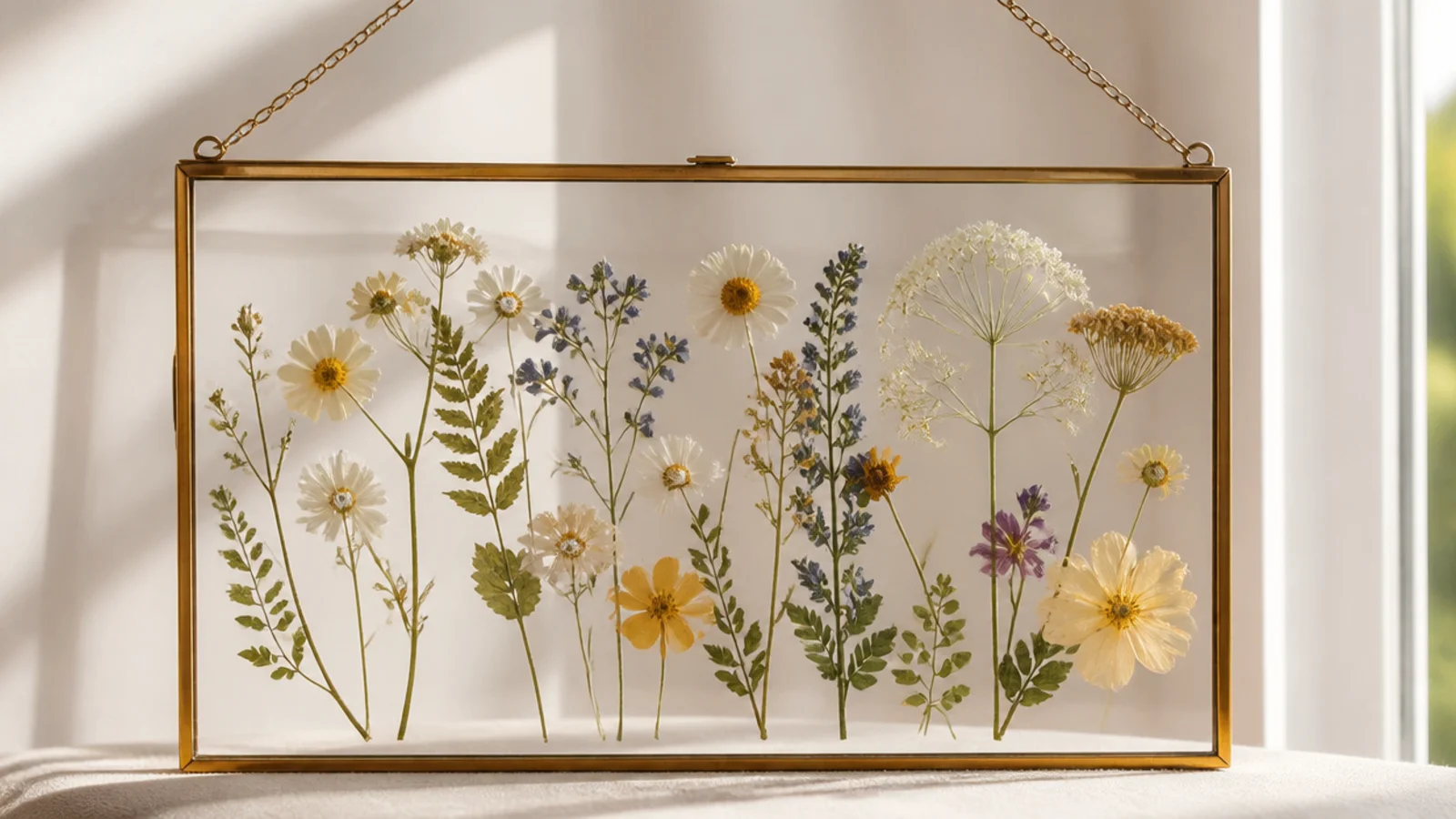 A double-glass frame with pressed flowers suspended in a hanging brass frame in front of a window, light passing through.