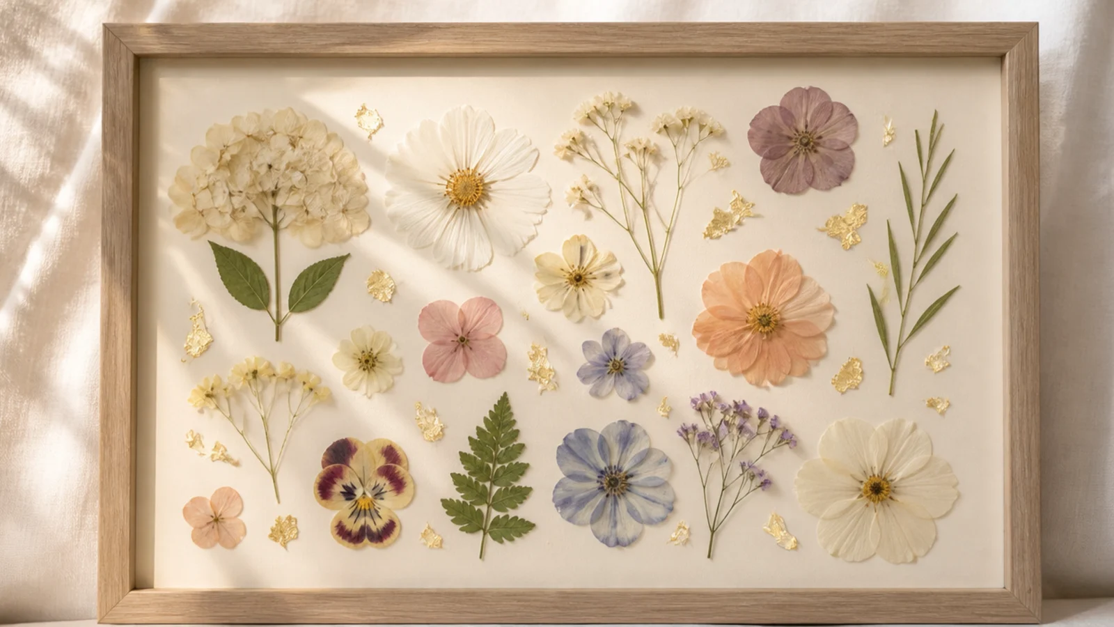 A frame with pressed flowers accented by small flecks of gold leaf scattered among the blooms on cream backing.