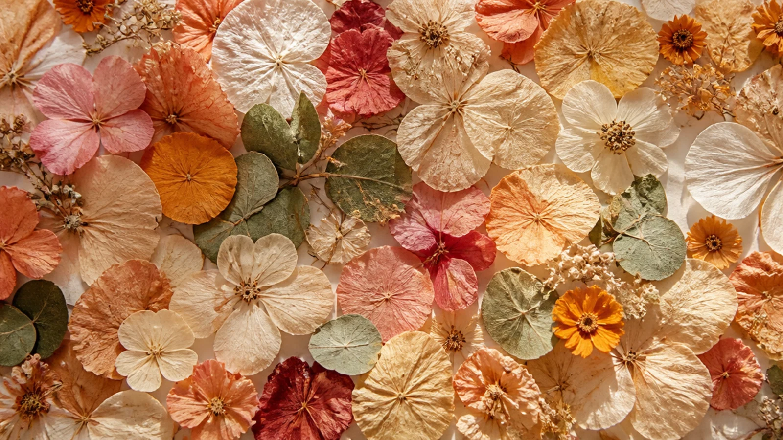 A frame filled completely edge to edge with a dense carpet of pressed petals in blended warm tones, no backing showing.