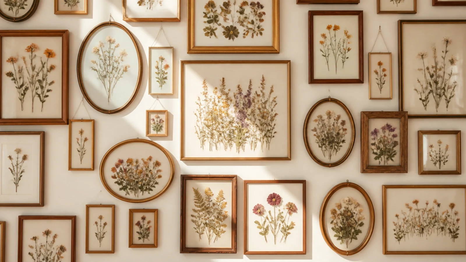 A dense salon-style wall of many pressed flower frames in mixed sizes and shapes arranged closely together.