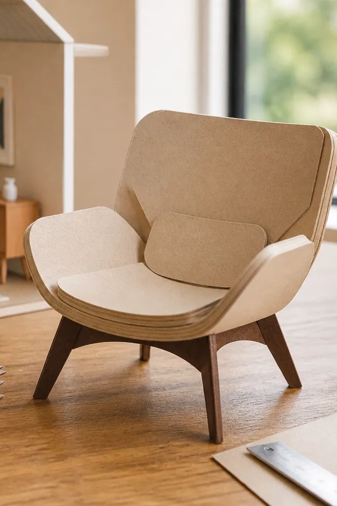 Paper lounge chair with light wood legs and curved back