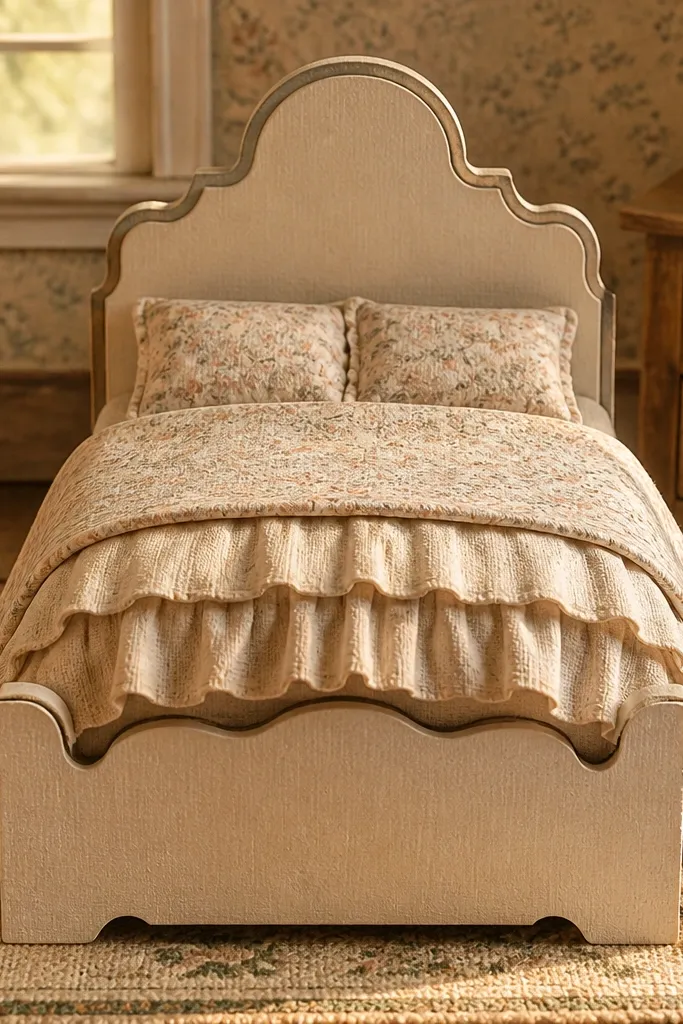 Paper bed with headboard and a folded blanket draped over the side