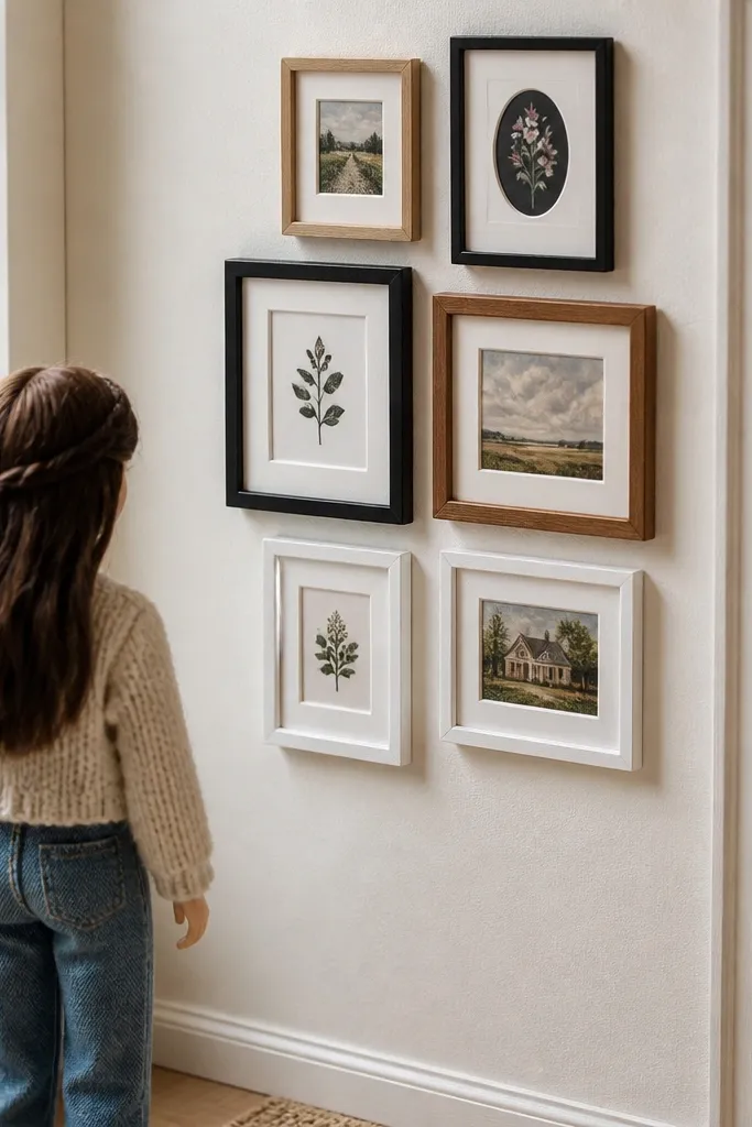 Six small framed pictures arranged like a gallery wall