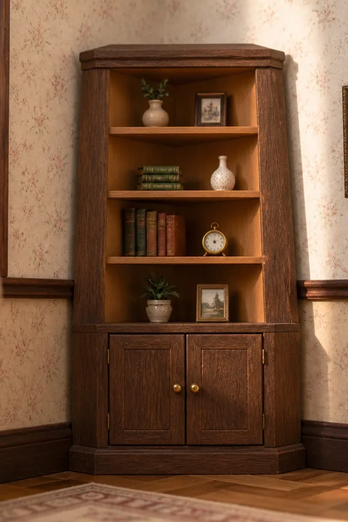 Small corner cabinet with shelves and a door frame