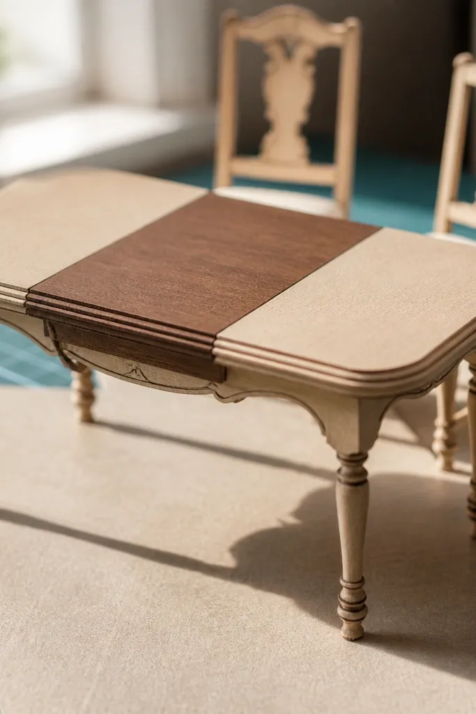 Paper dining table with a visible folding leaf section