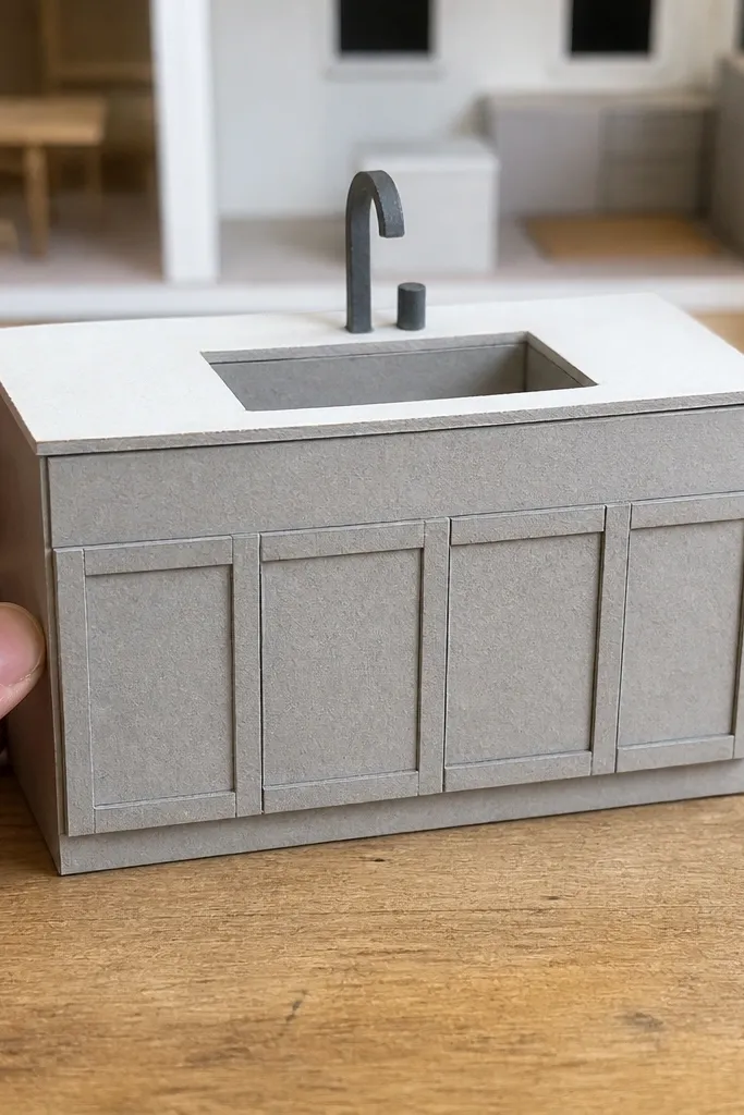 Paper sink cabinet with a faucet and countertop opening