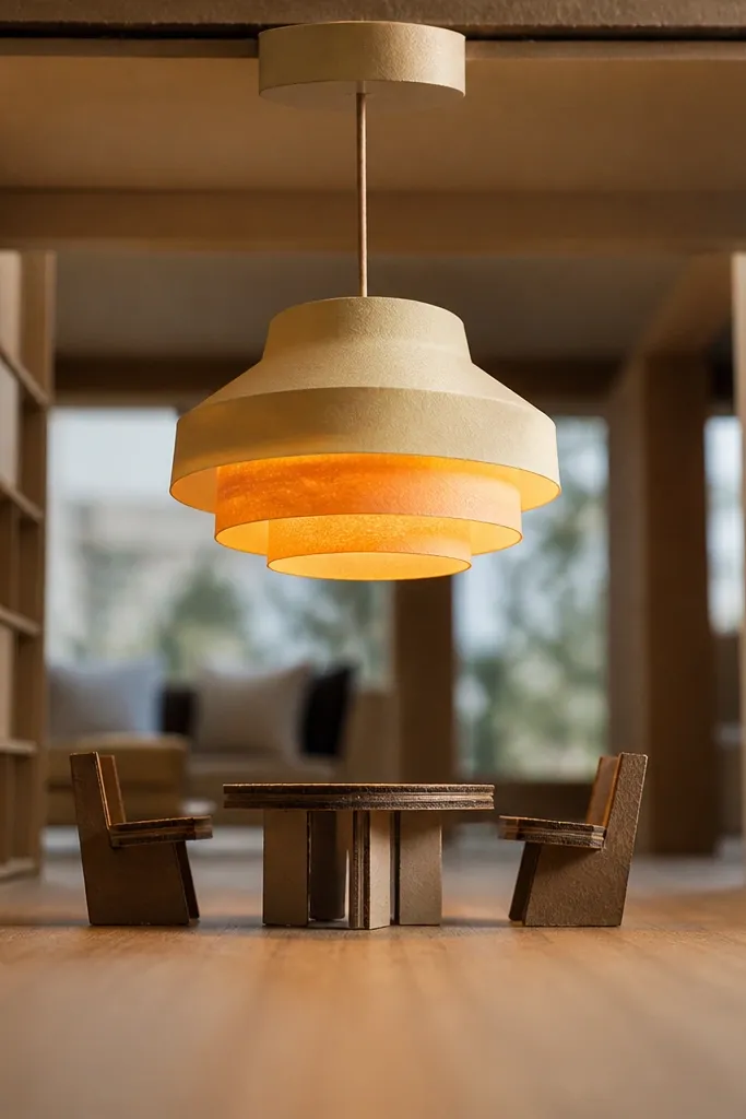 Paper pendant lamp with a layered lampshade and cord
