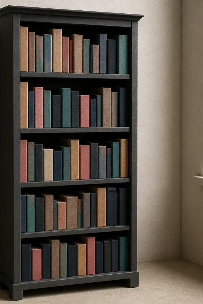 Paper bookshelf with book spine layers and shelf divisions