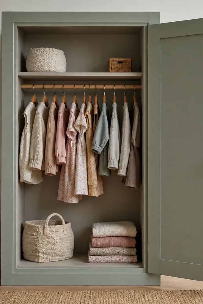 Paper closet with a hanging rail and door panel