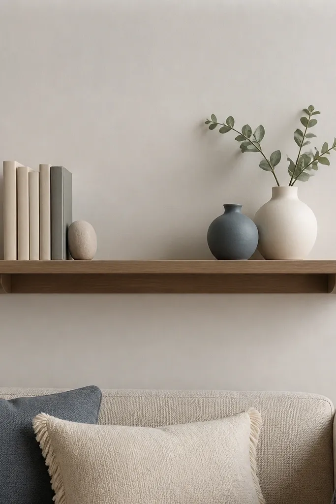 Paper floating shelf with small books and vase shapes