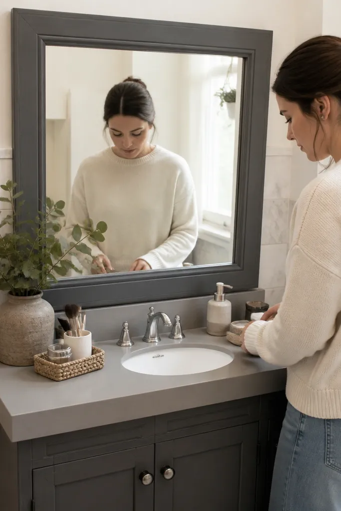 Paper bathroom vanity with mirror frame and countertop details