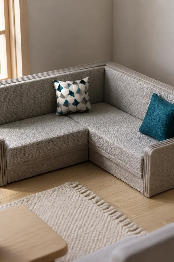 Paper L-shaped sofa with separate pillow pieces