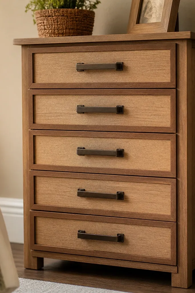 Paper dresser with stacked drawers and defined handles
