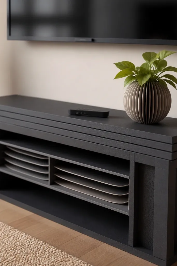 Paper TV stand with open shelf and cable-like lines
