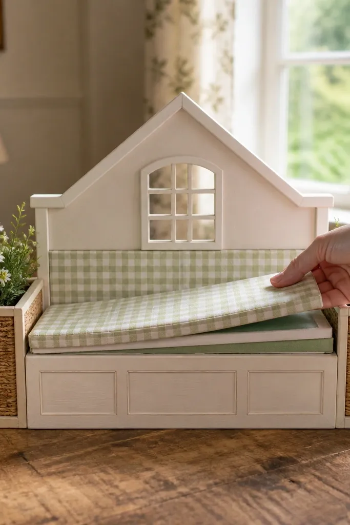 Dollhouse window seat with a striped cushion and two side basket shelves