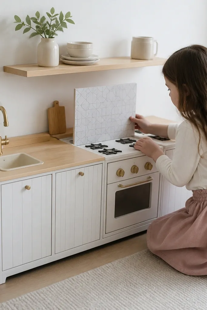 Light wood cabinet fronts, a white stove, and a separate backsplash panel with tiny shelf lines.