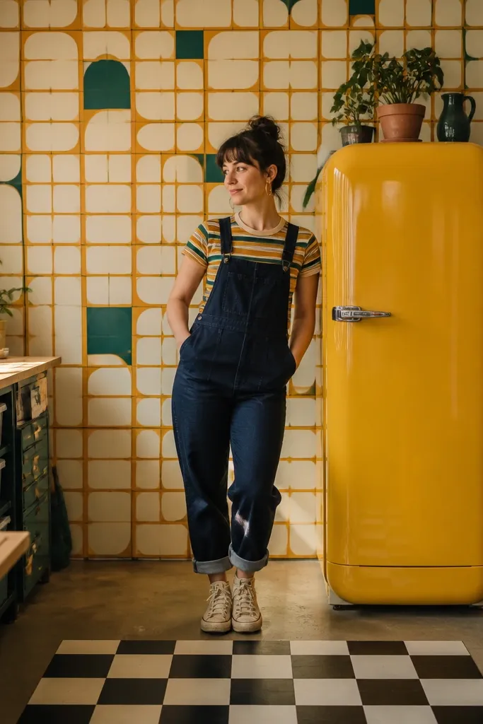 Orange and cream tiled wall, a yellow fridge with door lines, and a patterned floor strip.