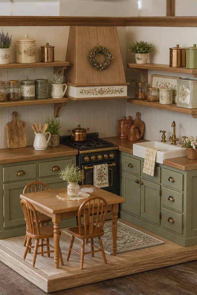 White cabinets with open shelves, small jars on shelves, and a warm wood counter.