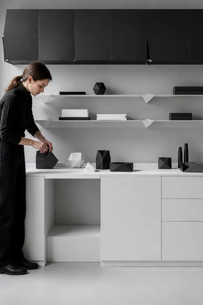 Black cabinets, white counter, and thin floating shelves with tiny decor lines.