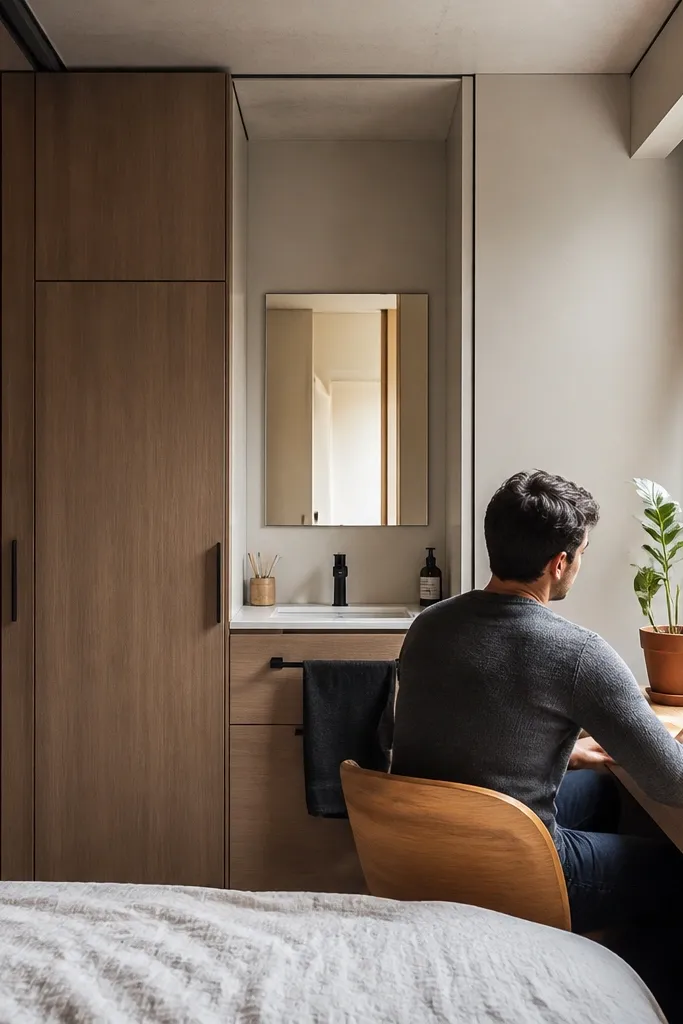 Tall pantry cabinet, narrow sink, and compact countertop in a small wall frame.