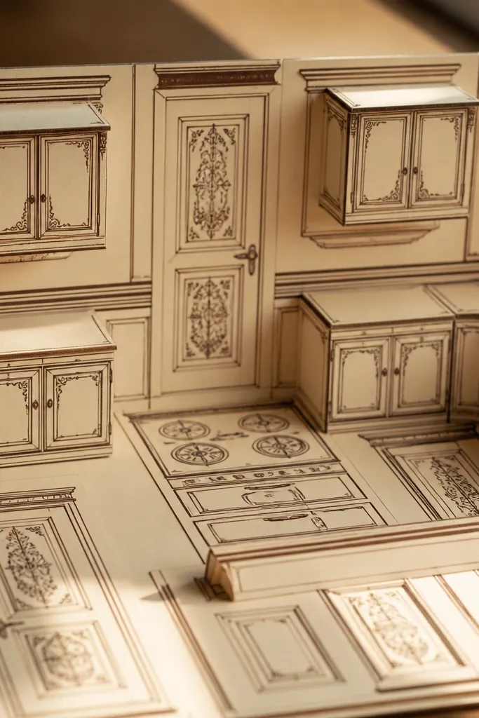 Dark wood cabinet doors, pale wainscoting panel, and ornate trim lines.