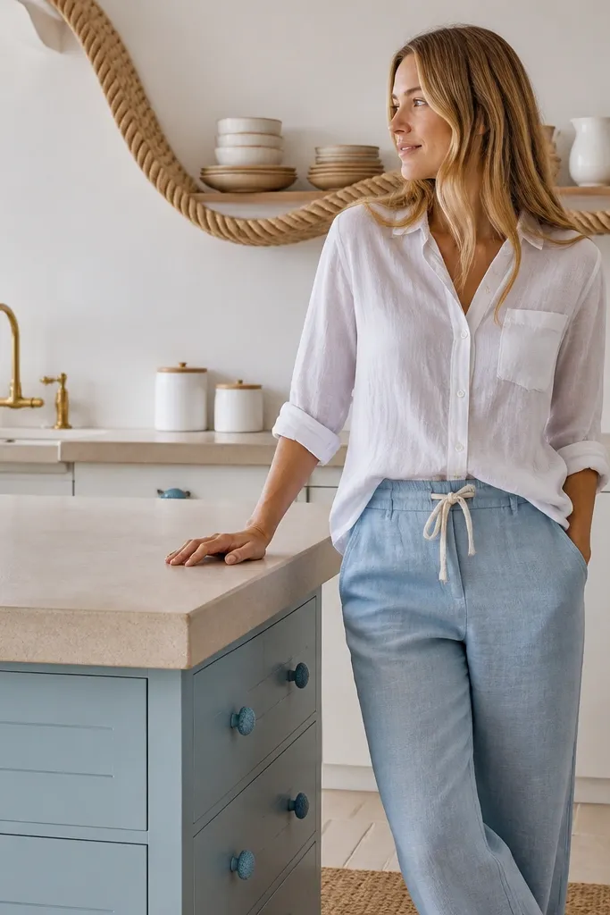 Sea-blue drawer pulls, cream cabinets, and a rope-style shelf across the wall.