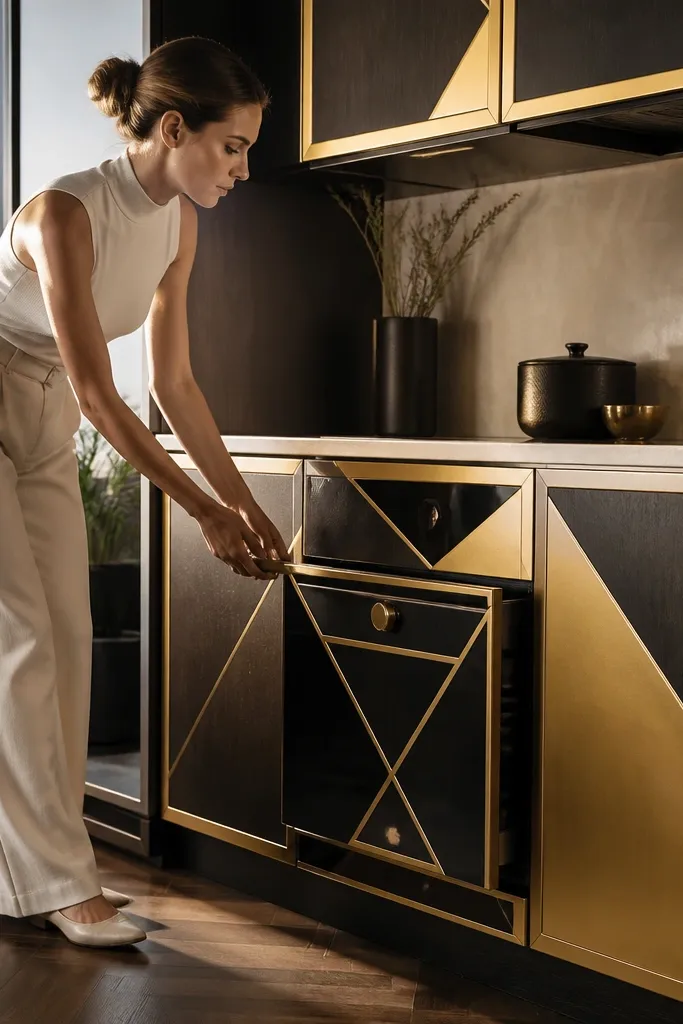 Gold-framed door panels, geometric oven shape, and black counter accents.