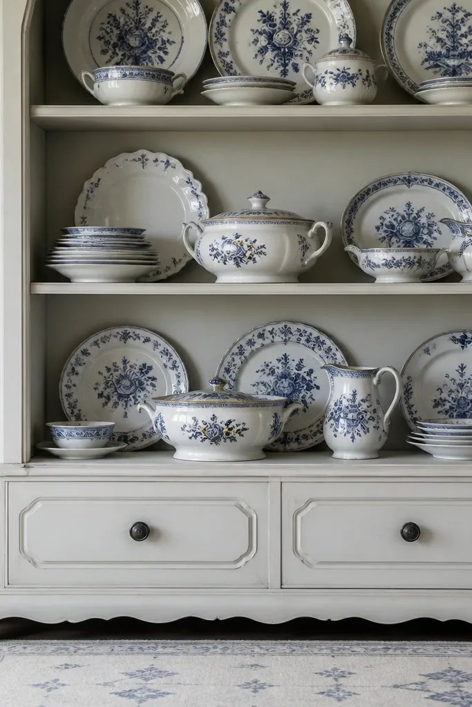 White cabinets, blue dishware on open shelves, and a soft patterned rug strip.