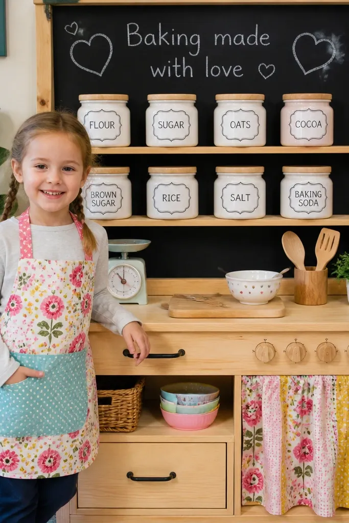 Chalkboard-style panel, labeled jars, and a bright countertop with pretend food graphics.