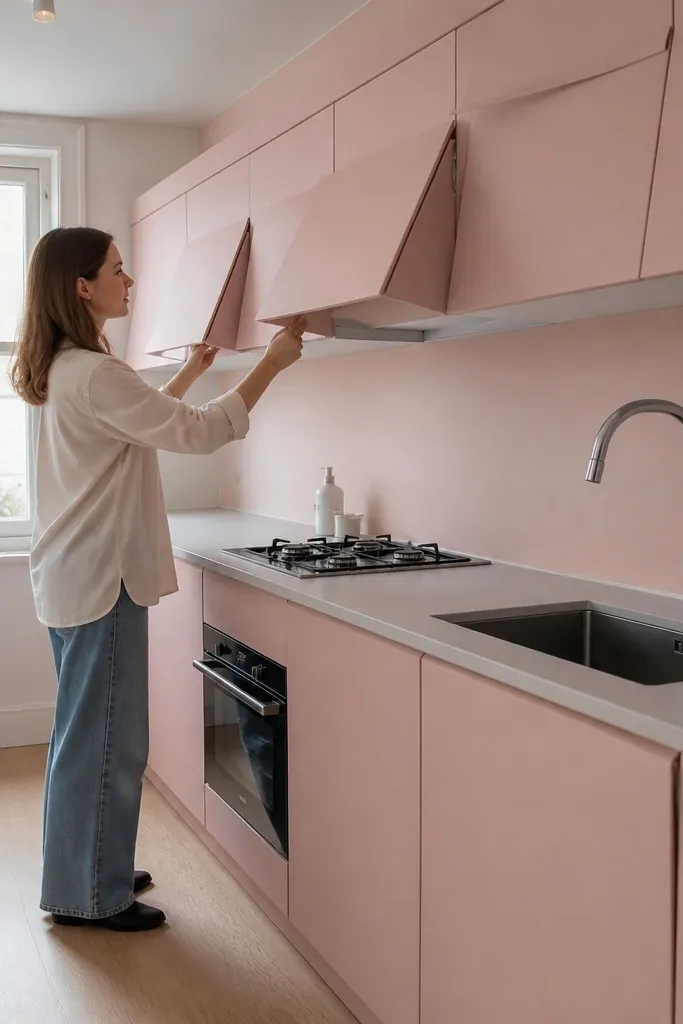 Pastel pink cabinets with fold lines, a sink, and a stove with door outlines.