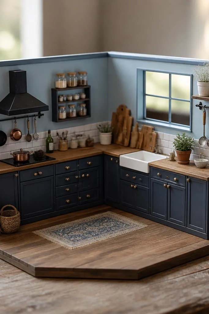 L-shaped counter corner, corner cabinet, and utensils hanging from a wall bar.