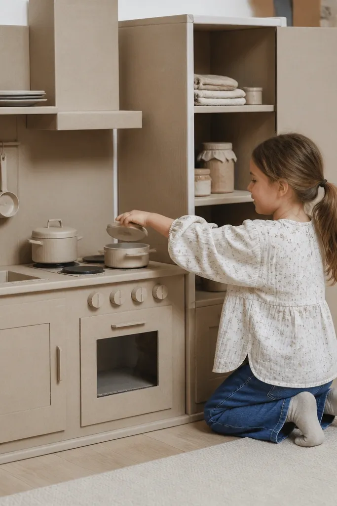 Shaker cabinet fronts, open pantry niche shelving, and a neutral floor strip.