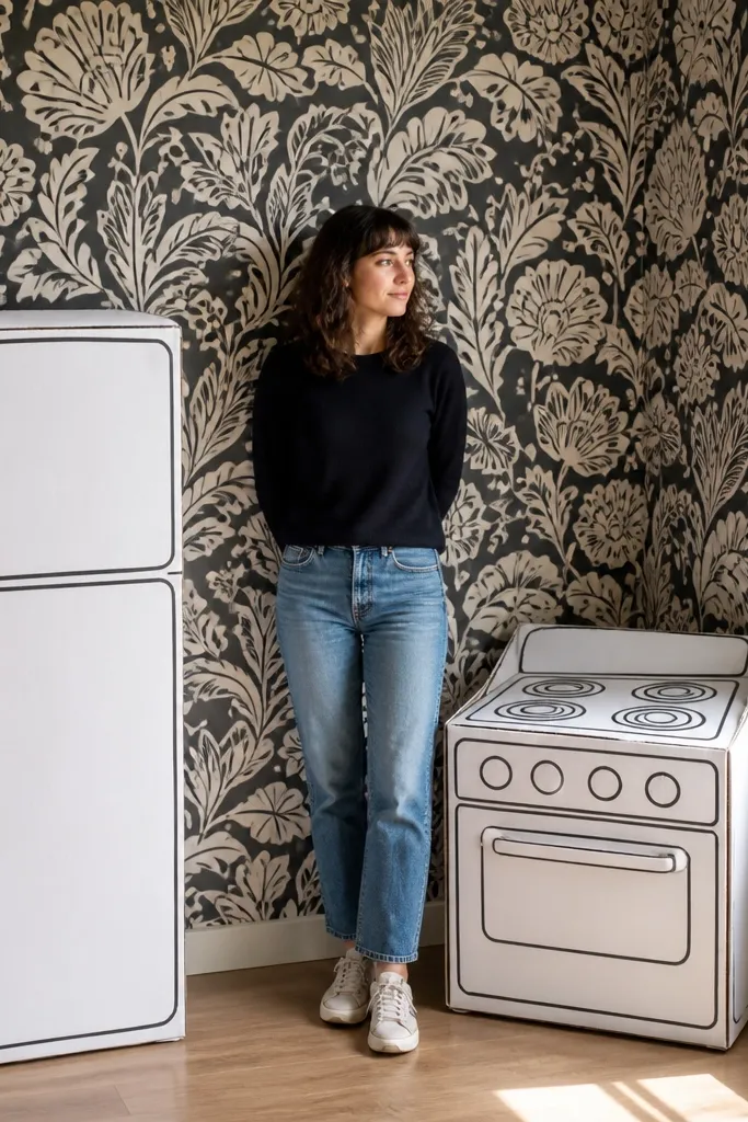 Patterned wallpaper wall, black appliances, and a simple counter band with clean lines.