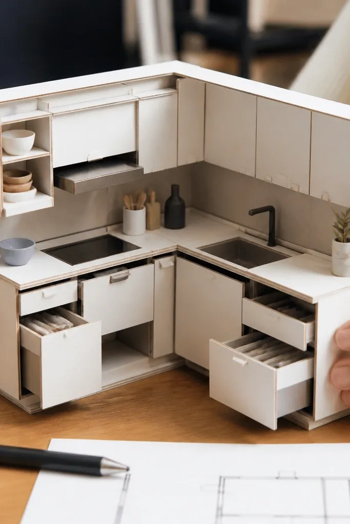 Small drawer fronts with tabs, a narrow counter, and a simplified stove and sink layout.
