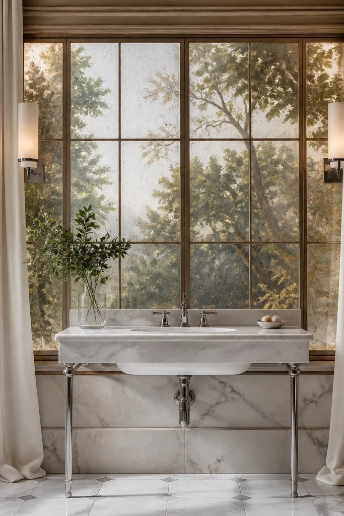Window frame with curtain strip, sink under the window, and a tidy countertop.