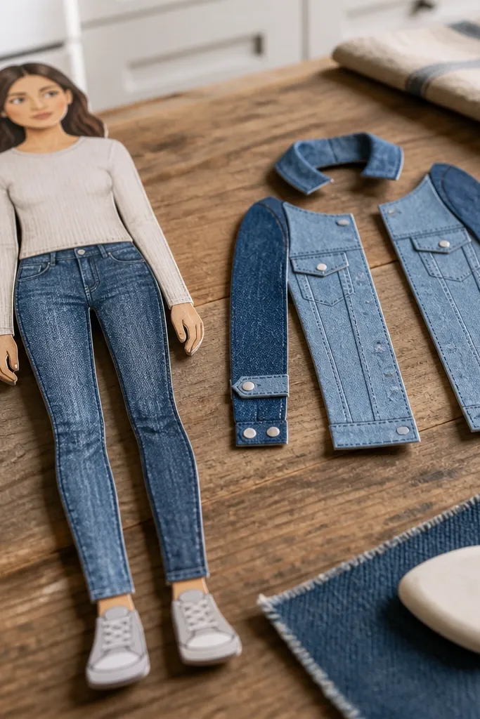 Paper doll wearing a denim jacket with separate collar and snap tabs