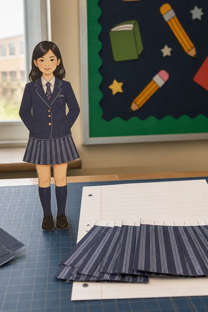 Paper doll in a uniform skirt made from pleat strips