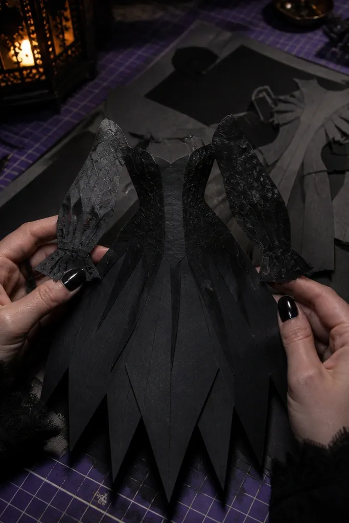 Paper doll wearing a witch dress with pointed hem and separate sleeves