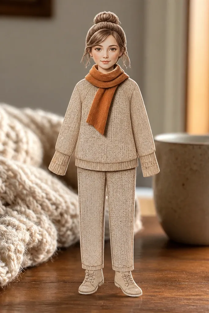 Paper doll wearing a sweater and scarf with matching cuff edges