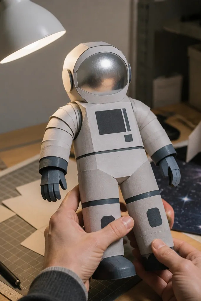 Paper doll in astronaut suit with separate visor and glove fingers