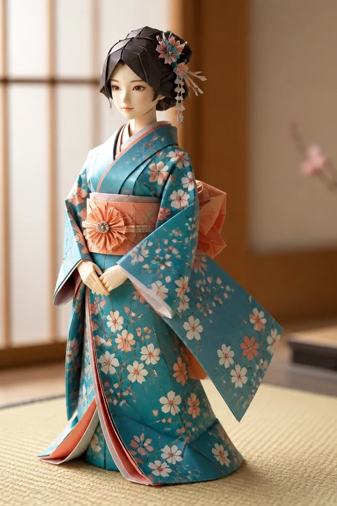Paper doll wearing a floral kimono with wrap panels and obi tie