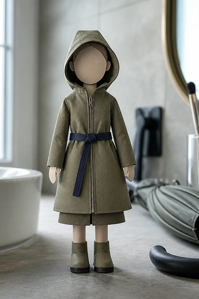 Paper doll in raincoat with hood up and visible zipper track