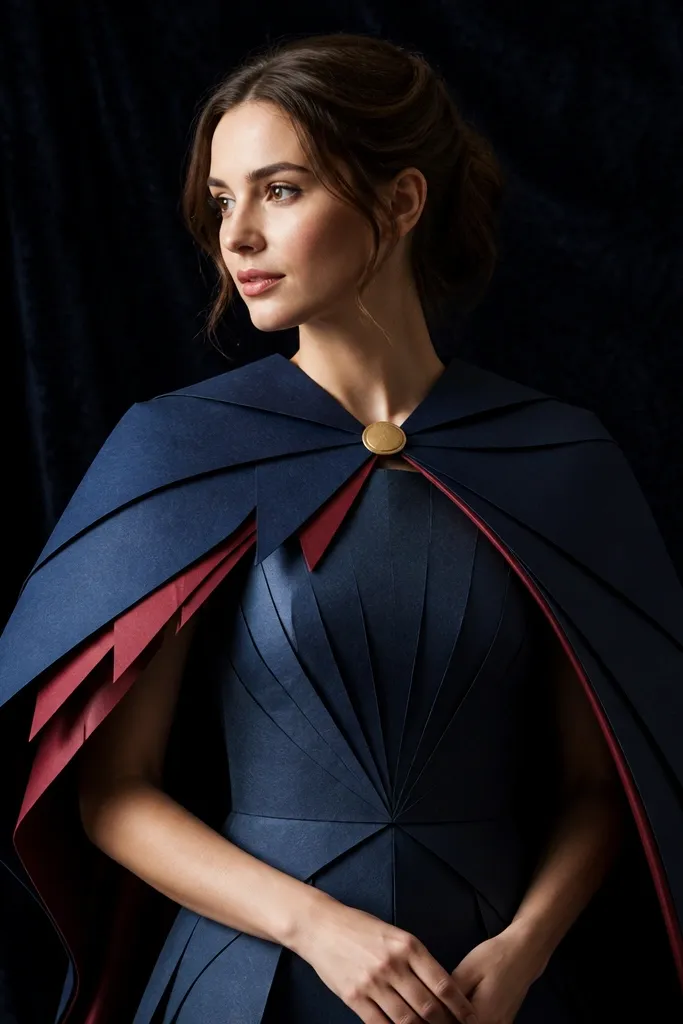 Paper doll wearing a royal cape with lining and a brooch