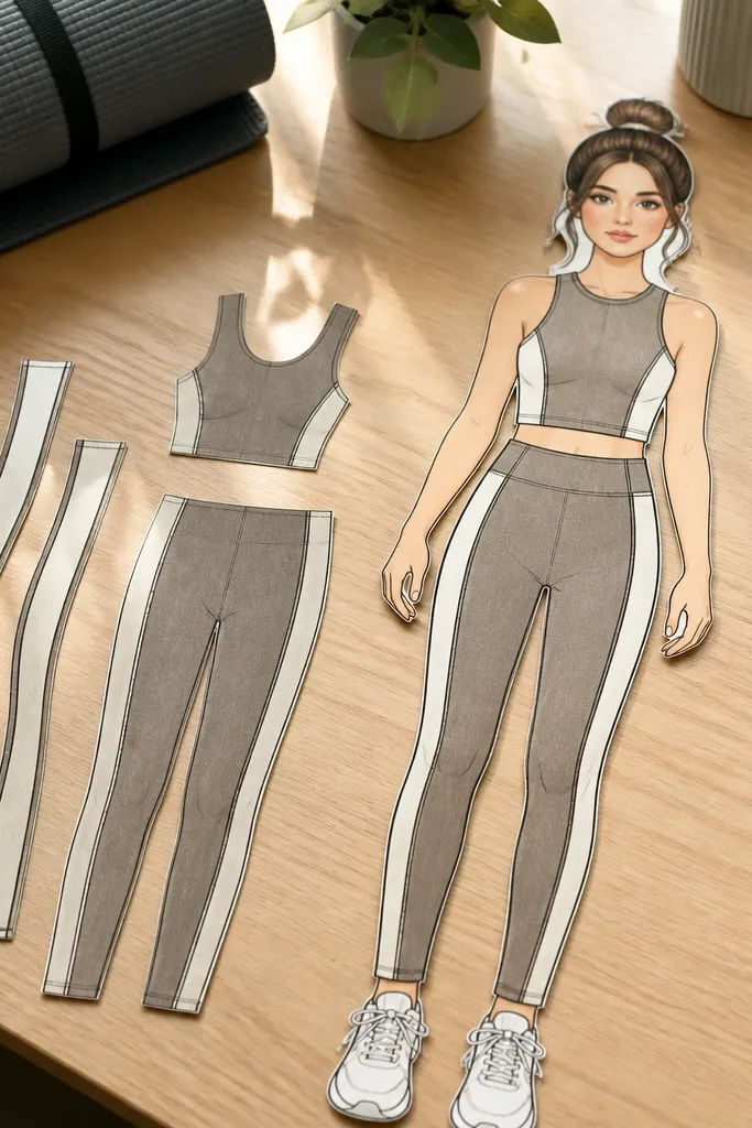 Paper doll in athleisure with crop top, leggings, and side stripe panels