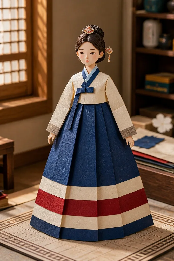 Paper doll wearing hanbok with top panels and skirt band layers